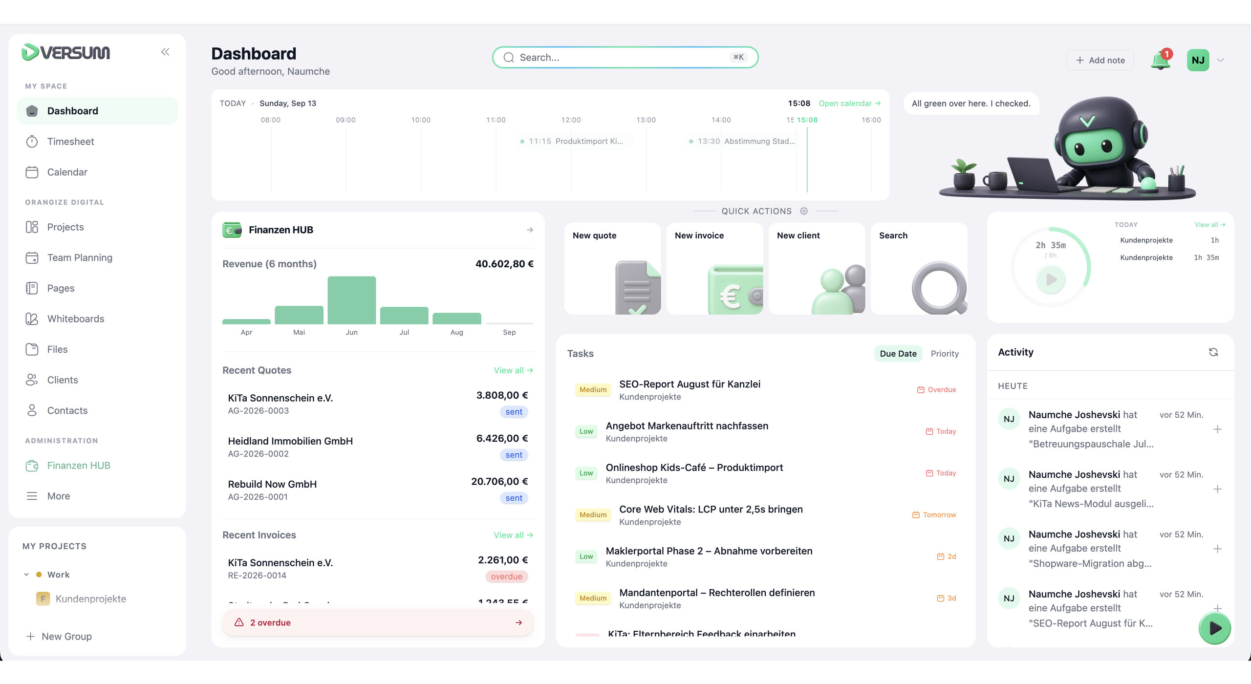 dVersum Dashboard mit Projekten, Aufgaben, Zeiterfassung und Rechnungen
